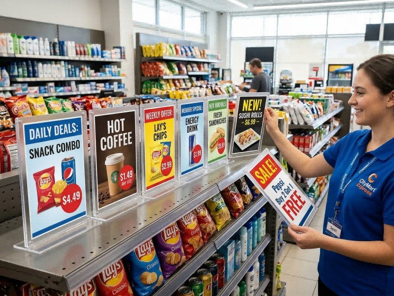 Clear magnetic acrylic picture frames used for easy-change retail promotional signage in a convenience store, demonstrating labor efficiency and display consistency