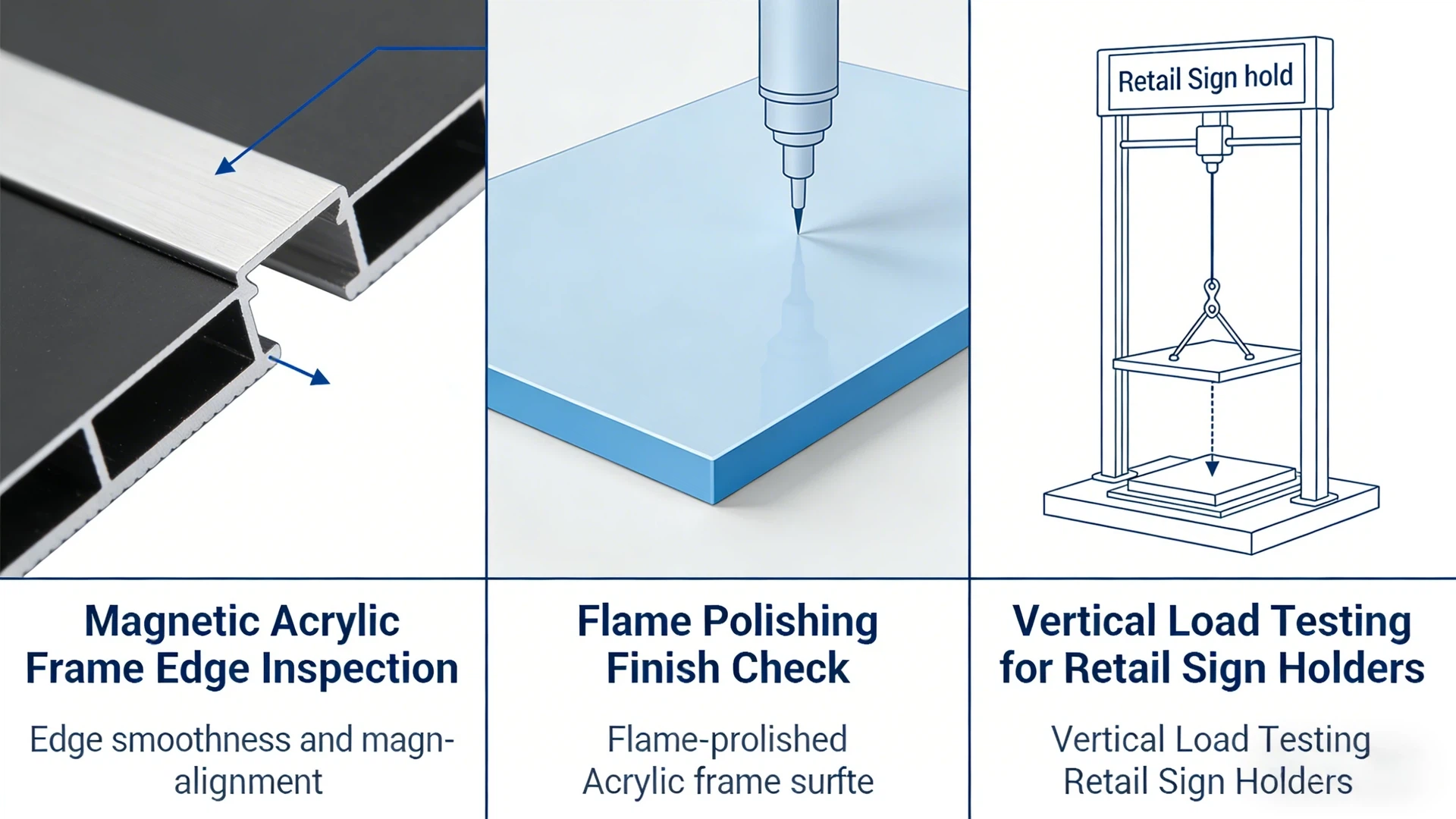 Quality control inspection of magnetic acrylic frame edges, flame polishing finish, and vertical load testing for retail sign holders Quality control inspection of magnetic acrylic frame edges, flame polishing finish, and vertical load testing for retail sign holders