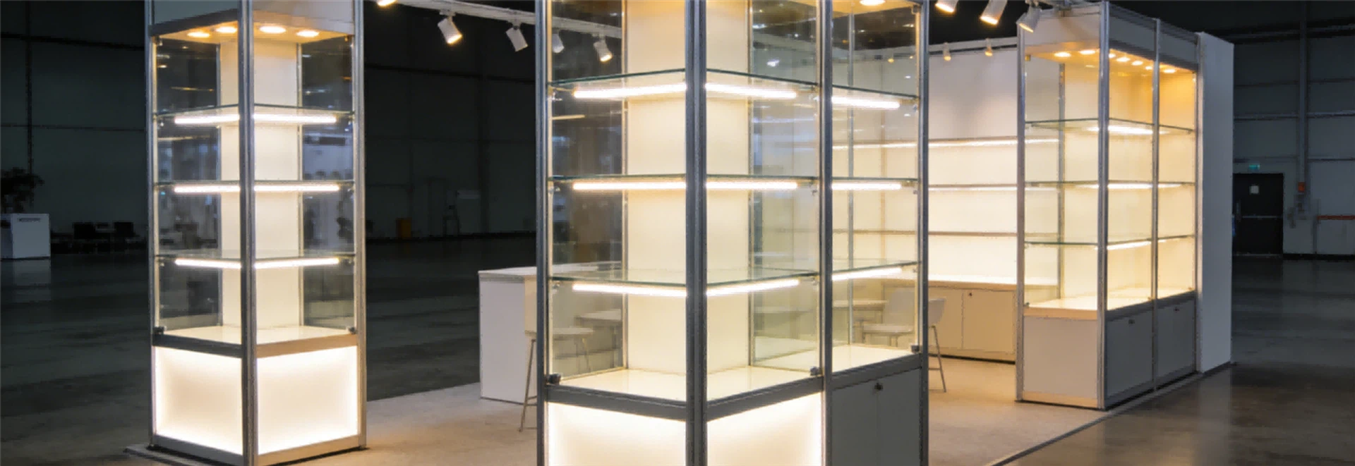 Floor-standing illuminated display cabinets and complete modular exhibition display systems with integrated lighting designed for larger booth configurations Floor-standing illuminated display cabinets and complete modular exhibition display systems with integrated lighting designed for larger booth configurations