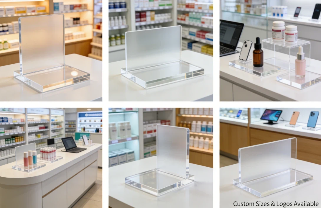 Custom wholesale acrylic display stands and countertop risers for retail stores, pharmacy chains, and electronics showcases