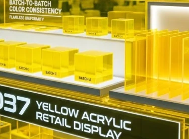 2037 yellow acrylic retail display showing perfect batch-to-batch color consistency and 23% light transmission under fluorescent store lighting