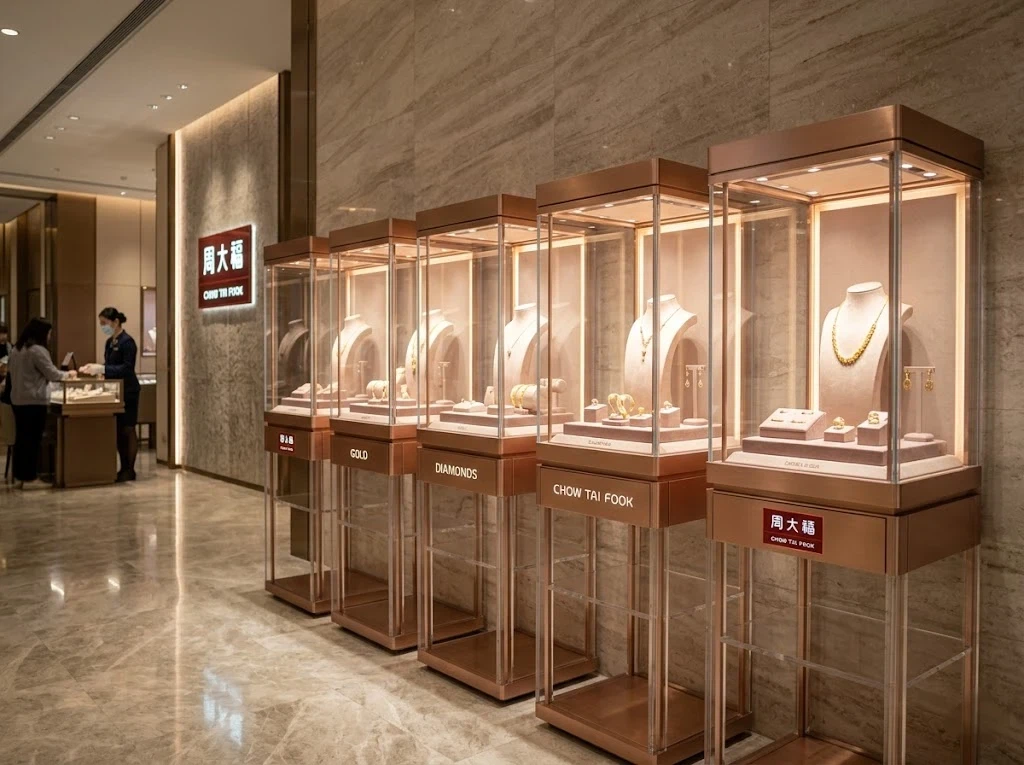 LED-integrated acrylic jewelry display cases showing consistent color temperature across a multi-case retail installation for Chow Tai Fook